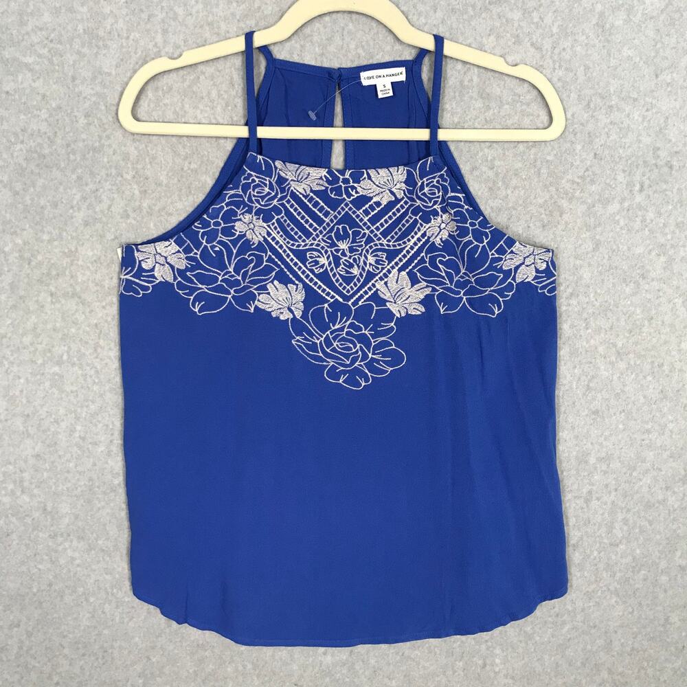 Love on a Hanger Embroidered Tank Top Small Blue Boho Cottage Western Rayon